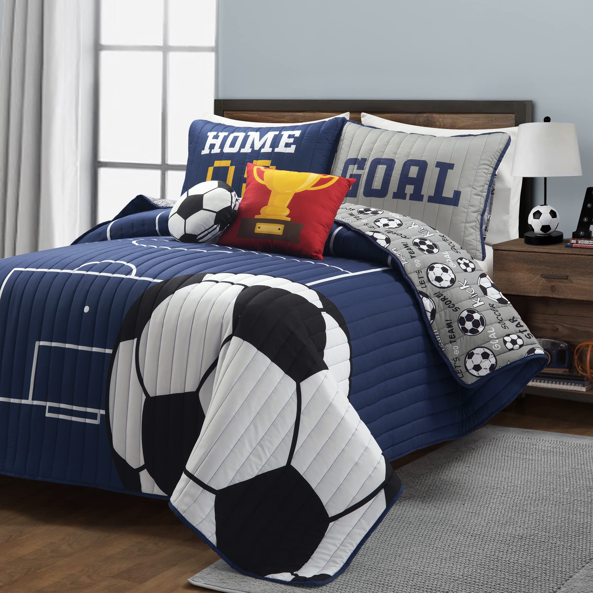Lush Decor Soccer Game Reversible Oversized Kids 5 Piece Quilt Set, Full/Queen, Navy & Gray